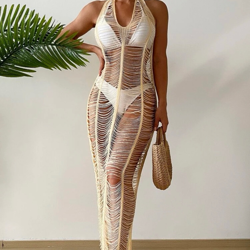 Sexy Fringe Halter coverup- Tan